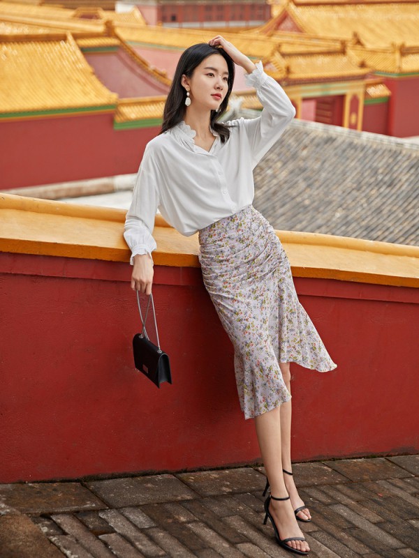 盛放2020秋季紫色碎花半身裙