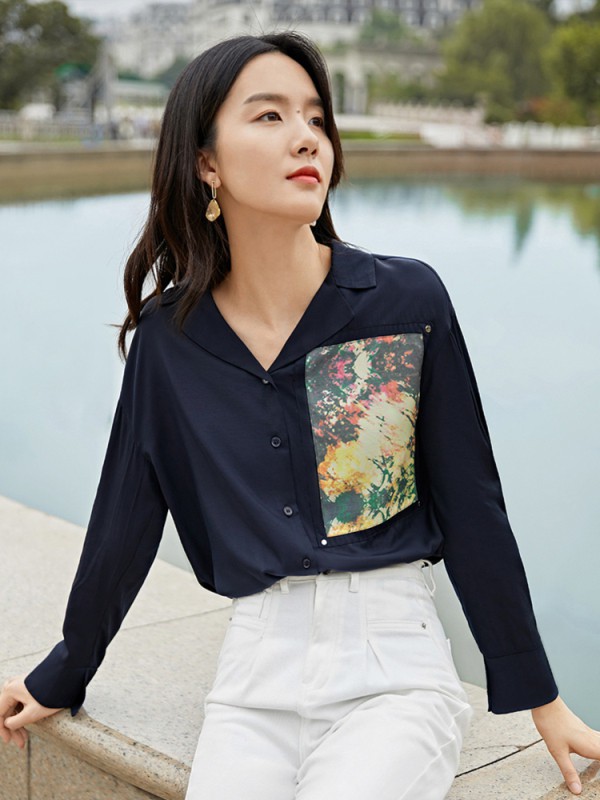 盛放2020秋季黑色印花衬衫