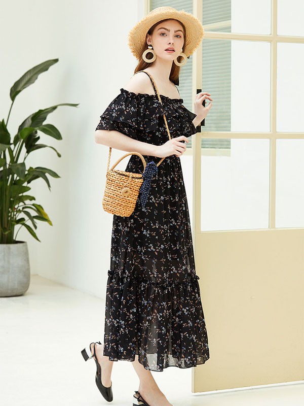 朵以2020春夏季黑色碎花连衣裙