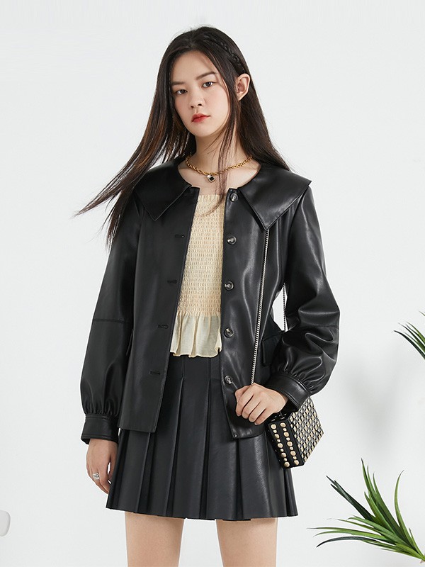 ONLY2020秋季黑色翻领皮衣