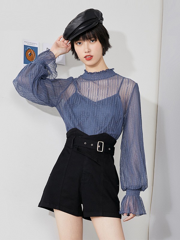 ONLY女装2020秋季蓝色纱网上衣