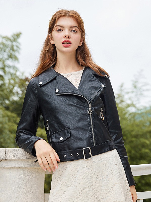 阿依莲2020秋季黑色纯色皮衣