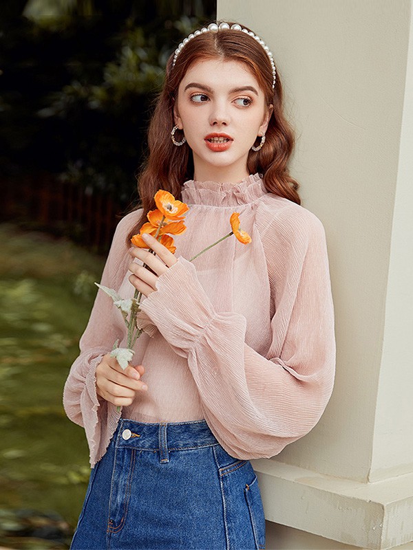 阿依莲2020秋季粉色纯色上衣