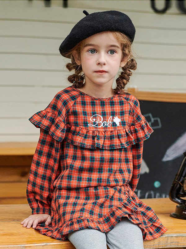 巴布豆2020秋季橙色格子连衣裙