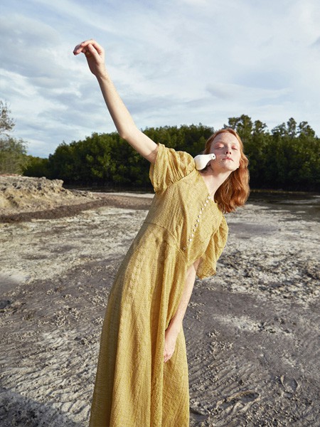 塔拉夏2020春夏季黄色泡泡袖长裙