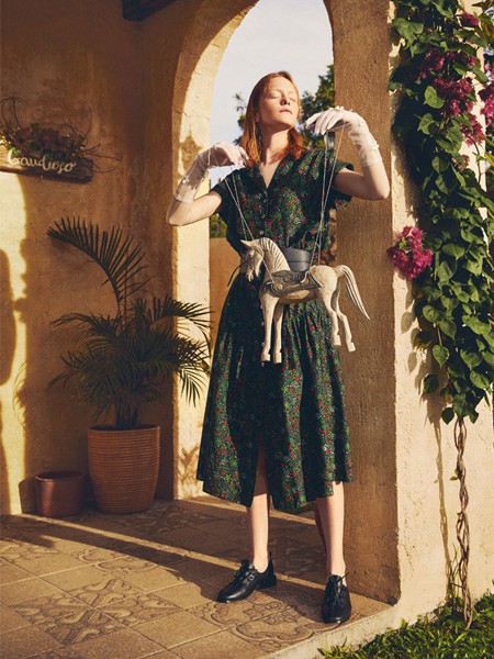 塔拉夏2020春夏季墨绿色碎花连衣裙