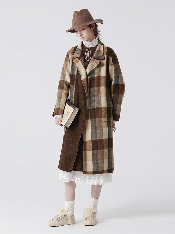 EIN言女装2020秋冬季卡其色格子大衣