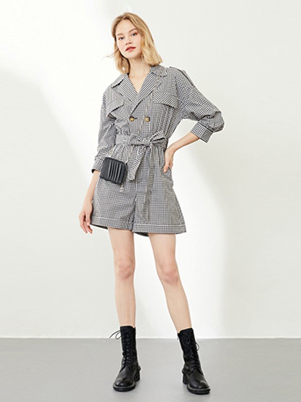 臻色调2020秋季黑色格子连体裤