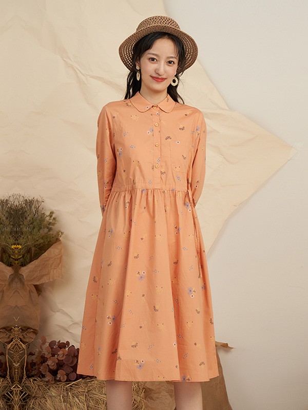 薇可蔻2020秋季橙色印花连衣裙