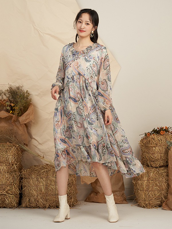 薇可蔻2020秋季拼色印花连衣裙