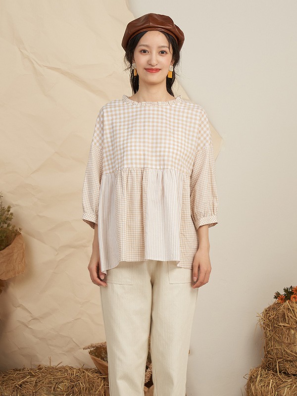 薇可蔻2020秋季米色格子上衣