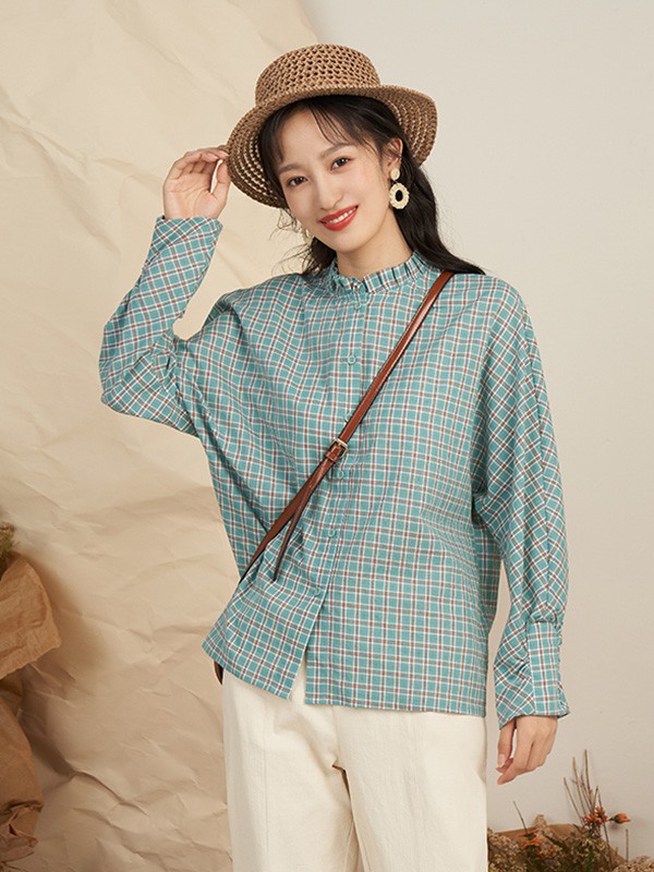 薇可蔻2020秋季莫兰迪色系格子衬衫