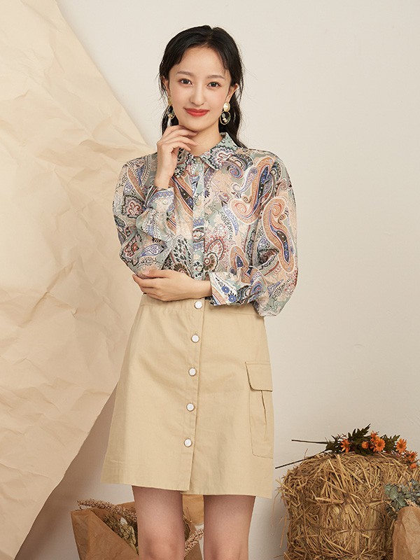 薇可蔻2020秋季拼色印花衬衫