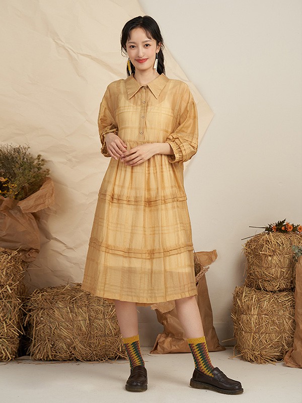 薇可蔻2020秋季黄色拼接连衣裙