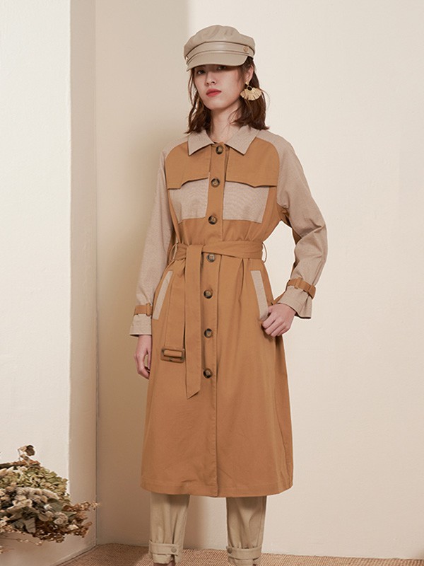薇可蔻2020秋季卡其色撞色连衣裙