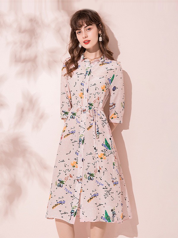 维米莉2020夏季粉色印花连衣裙