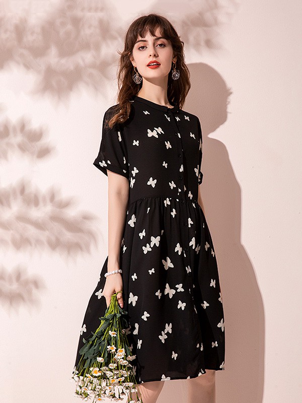 维米莉2020夏季黑色印花连衣裙