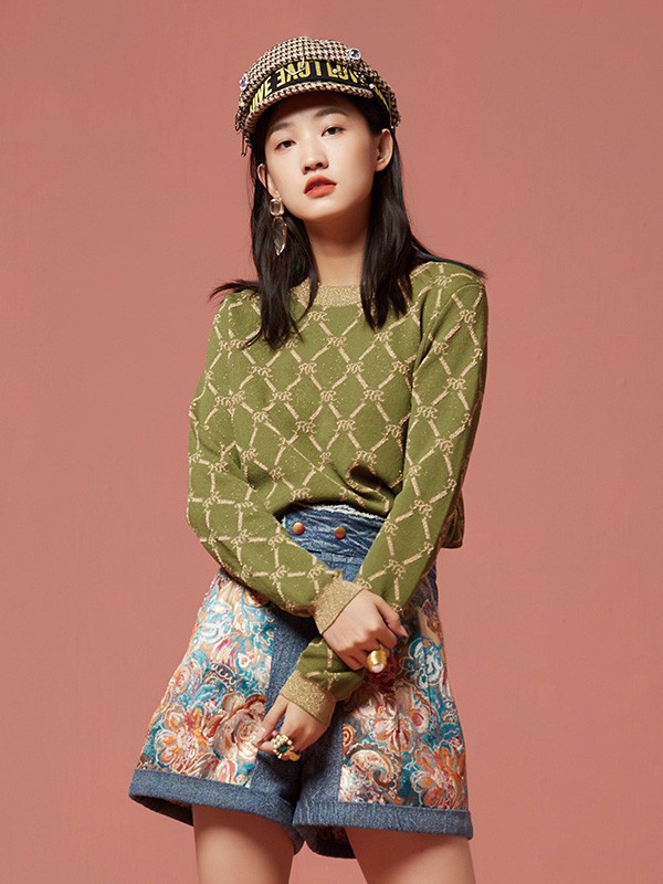 马克华菲女装2020秋季绿色几何毛衣