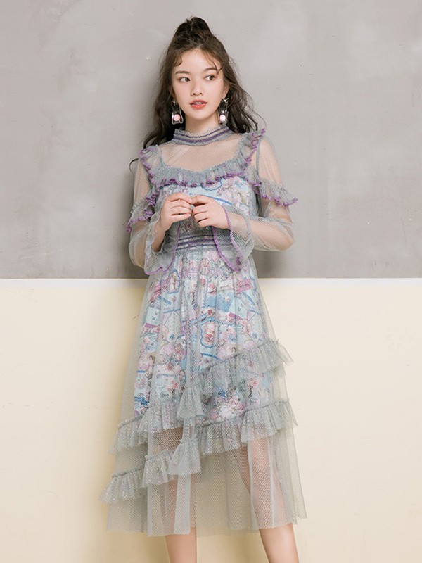 马克华菲女装2020秋季莫兰迪色系纱网连衣裙