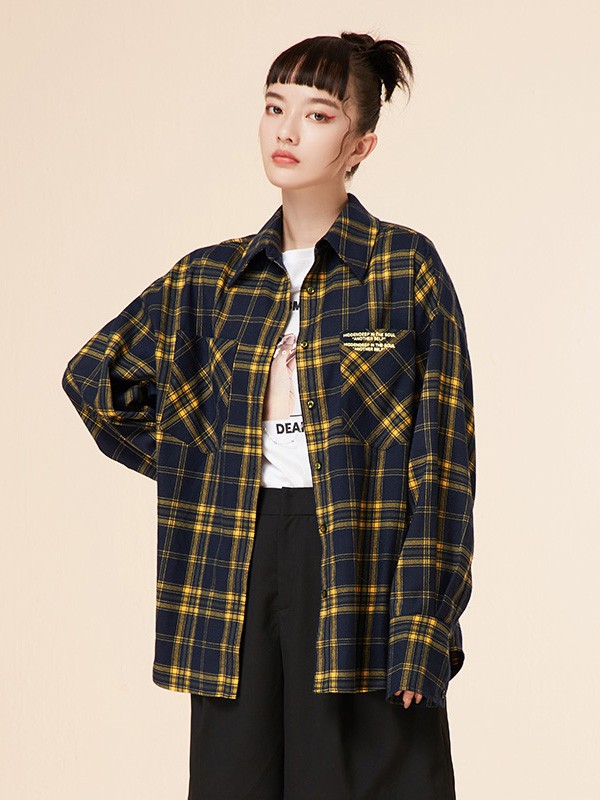 马克华菲女装2020秋季黄色格子衬衫