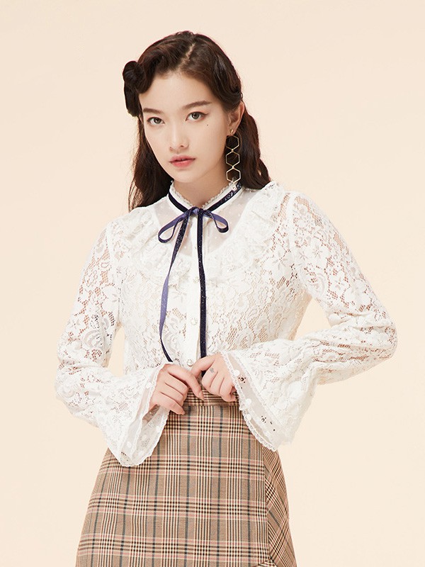 马克华菲女装2020秋季白色系带上衣