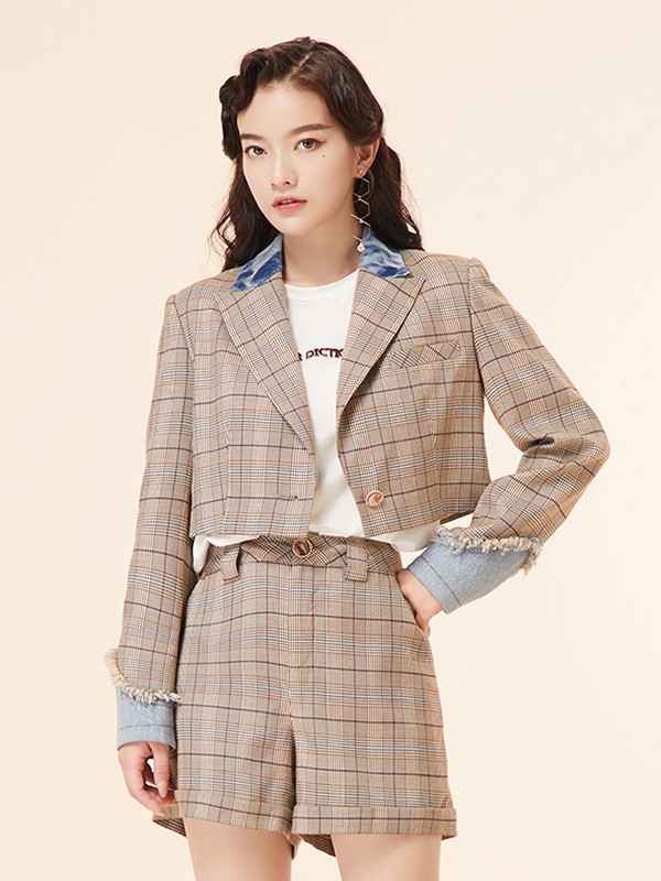 马克华菲女装2020秋季卡其色格子套装