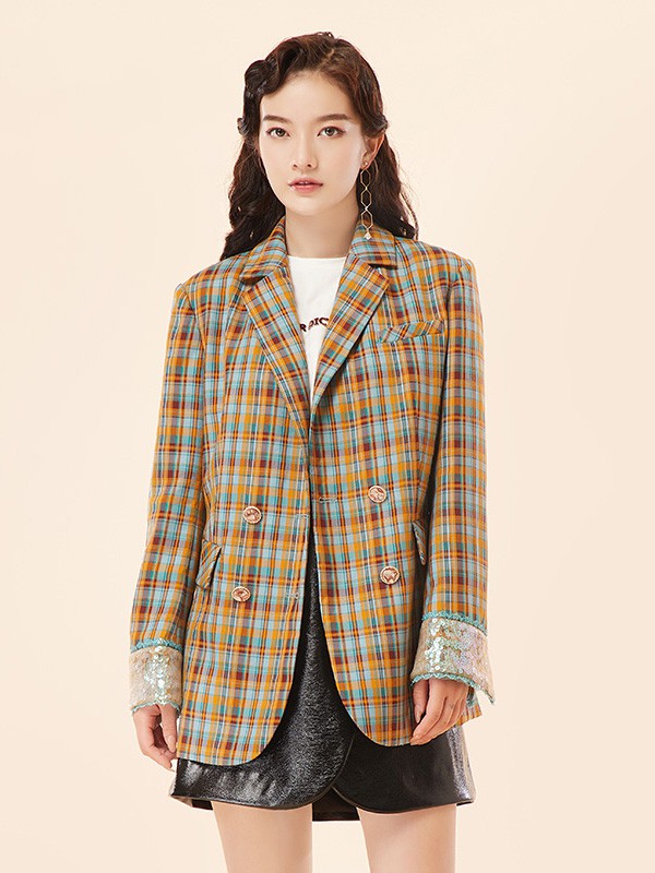 马克华菲女装2020秋季黑色格子西装