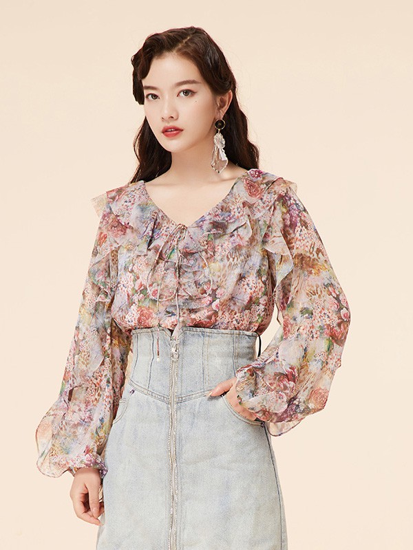 马克华菲女装2020秋季粉色荷叶边衬衫