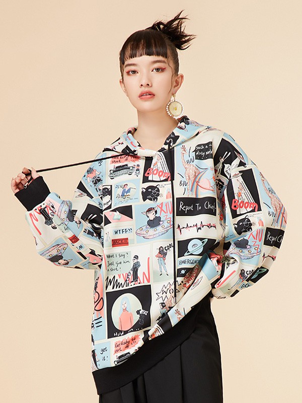 马克华菲女装2020秋季拼色图案卫衣