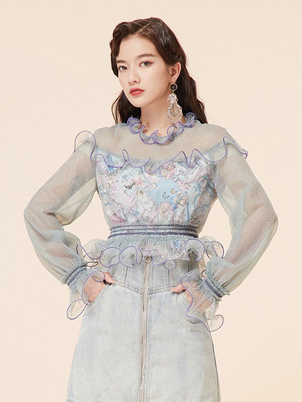 马克华菲女装2020秋季莫兰迪色系拼接上衣