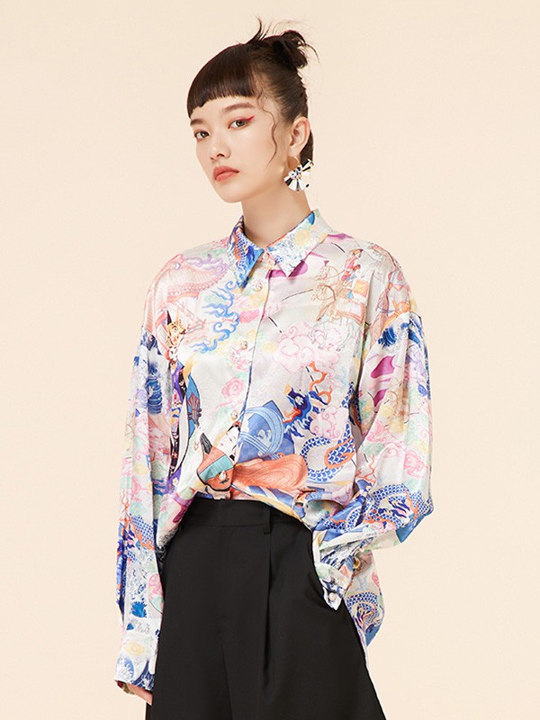 马克华菲女装2020秋季拼色图案衬衫