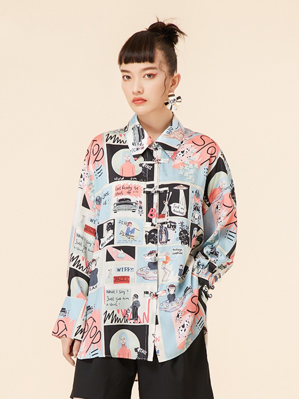 马克华菲女装2020秋季拼色图案衬衫