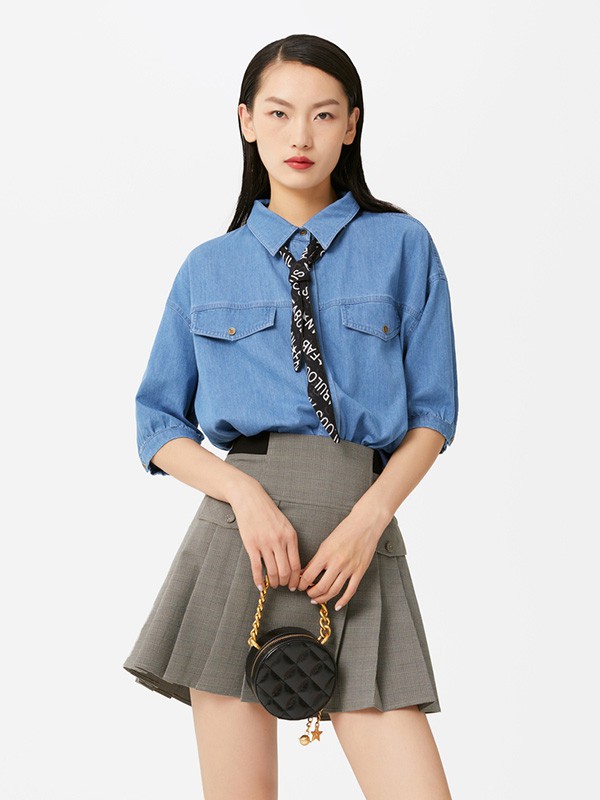 飘蕾女装2020秋季蓝色纯色衬衫