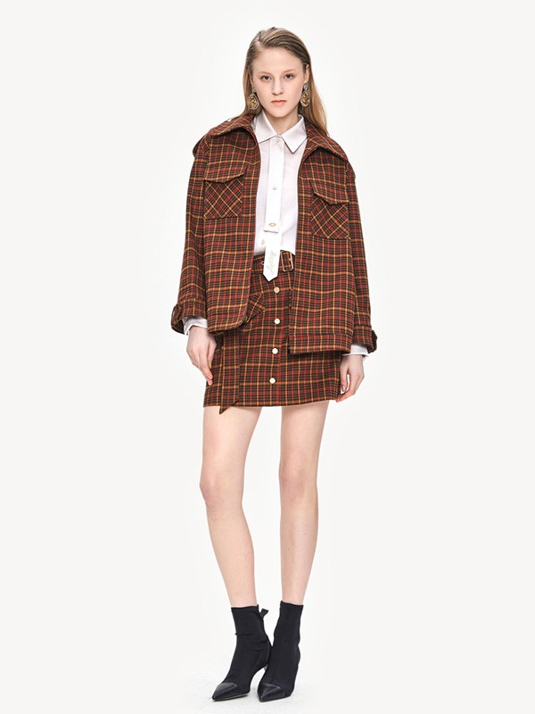 飘蕾女装2020秋季卡其色格子套装