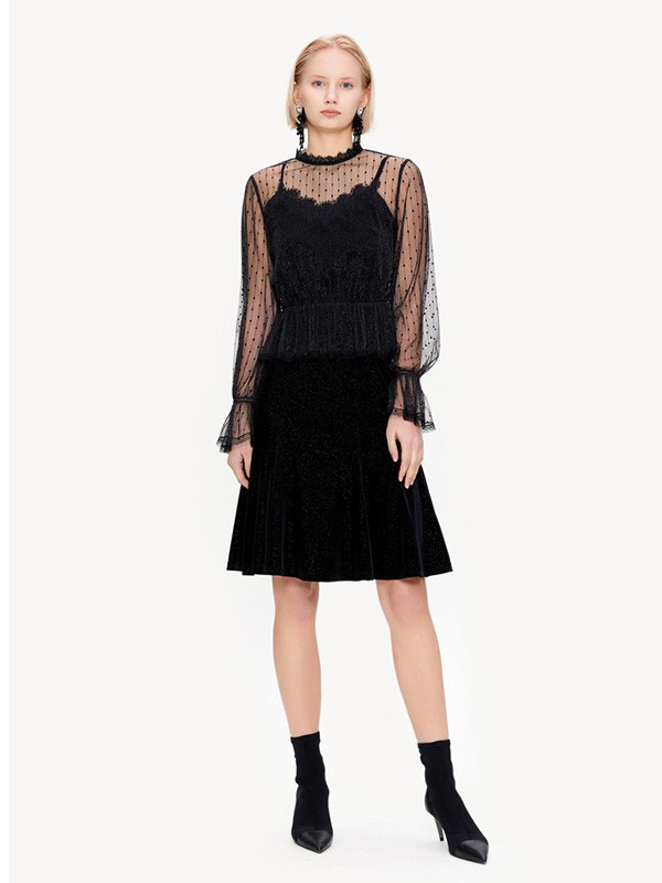 飘蕾女装2020秋季黑色纯色连衣裙