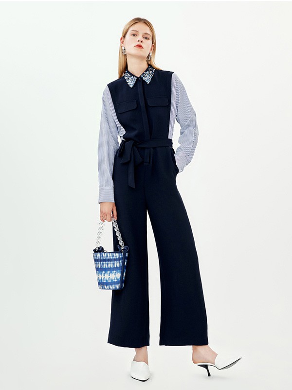 飘蕾女装2020秋季藏蓝色拼接连体衣