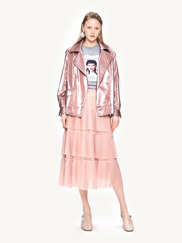 飘蕾女装2020秋季粉色亮面皮衣