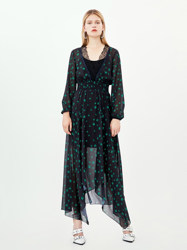 飘蕾女装2020秋季黑色不对称连衣裙