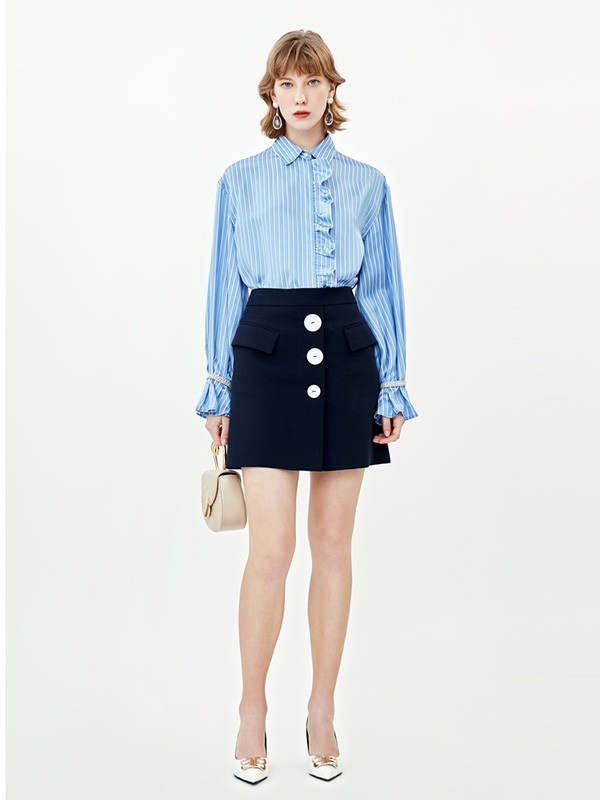 飘蕾女装2020秋季蓝色木耳边衬衫