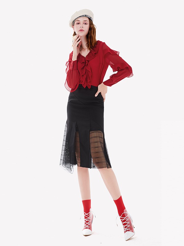 魅之女2020秋季红色木耳边衬衫
