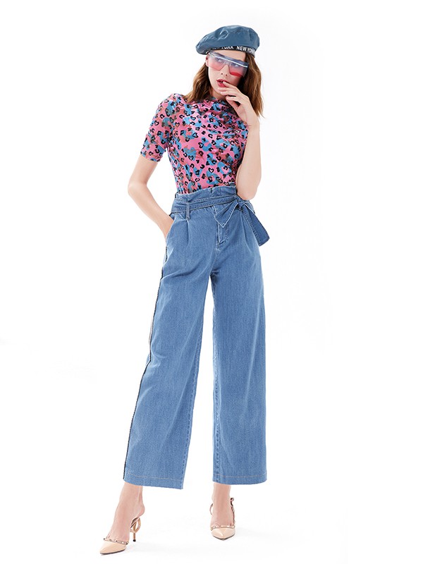 魅之女2020秋季蓝色系带阔腿裤