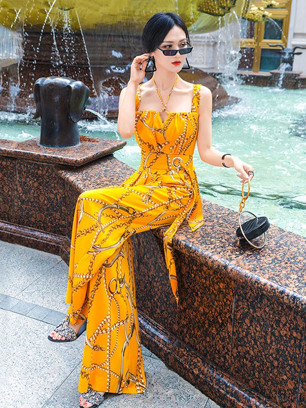 型色缤纷2020夏季黄色印花连体裤