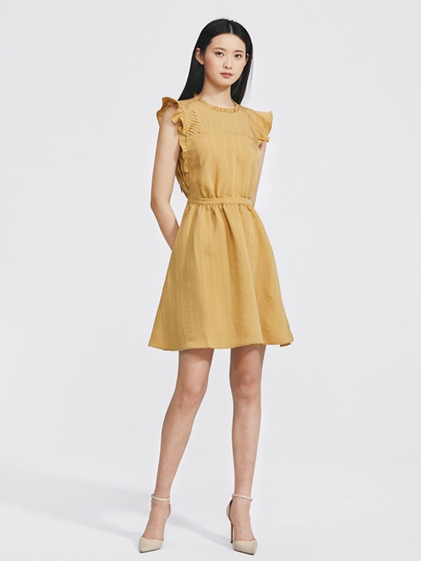 摩纳哥会馆2020春夏季黄色木耳边连衣裙