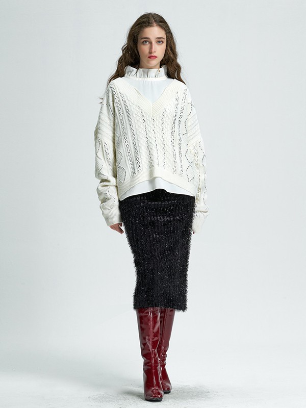 抹上2020秋季白色镂空毛衣