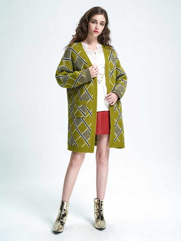抹上2020秋季抹茶绿格子针织衫