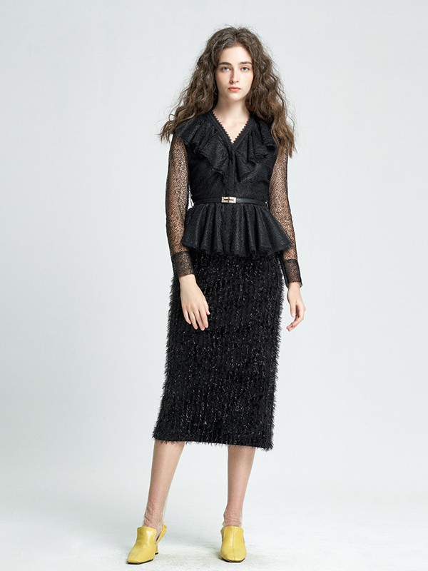 抹上2020秋季黑色褶皱上衣