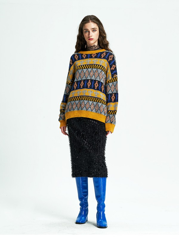 抹上2020秋季拼色印花毛衣