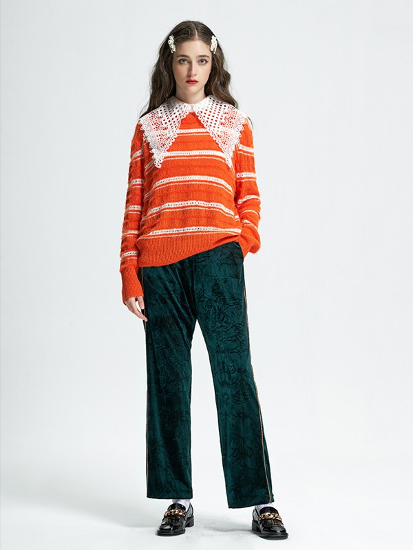 抹上2019秋季橙色条纹针织衫