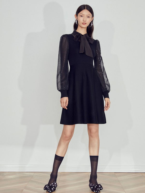 DoubleLove2020秋季黑色收腰连衣裙