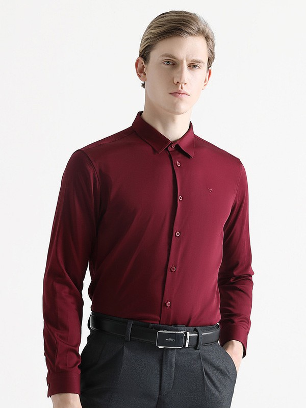 柒牌2020秋冬季酒红色纯色衬衫